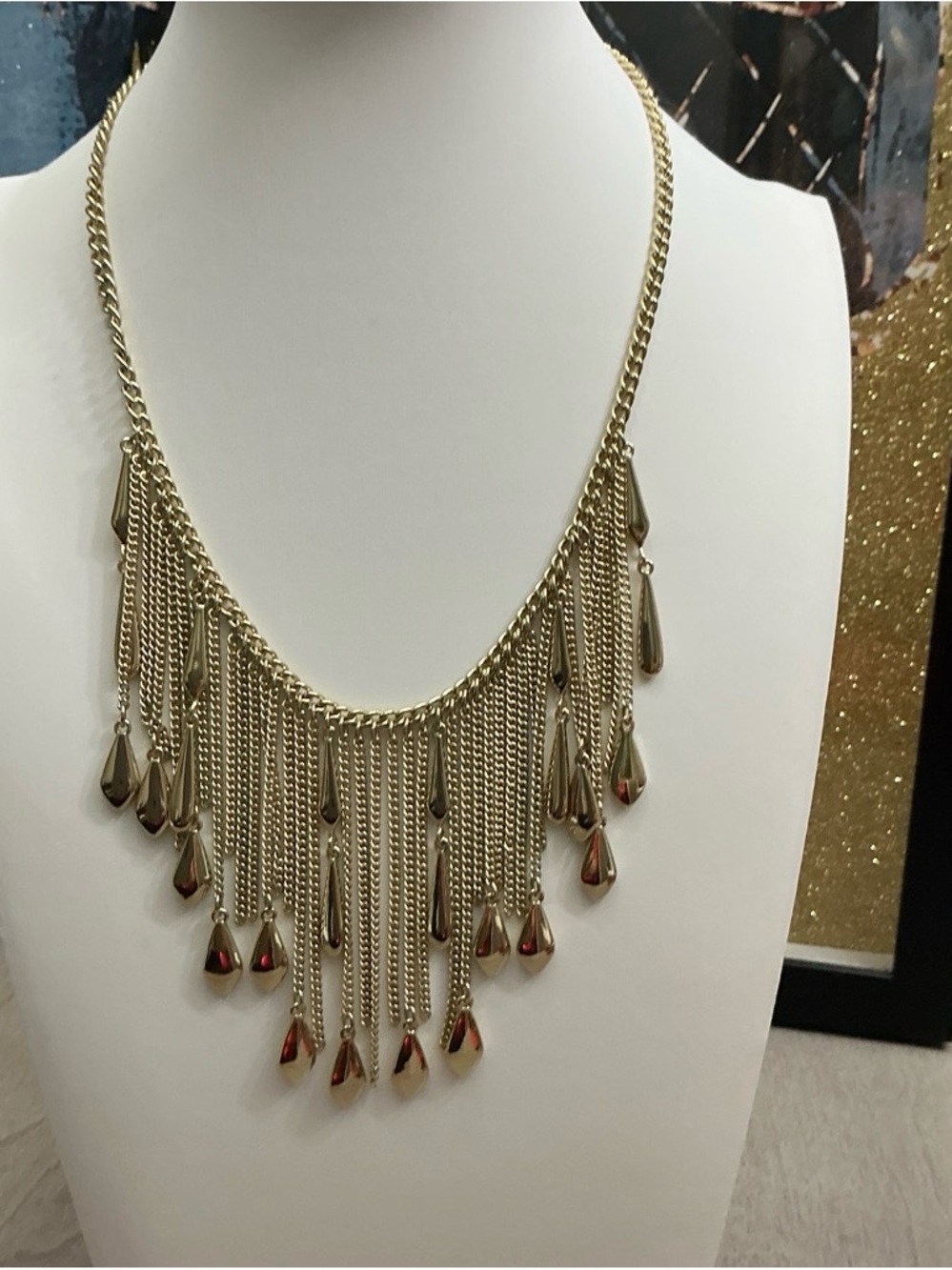 White House Black Market Gold Fringe Teardrop Tassel Necklace